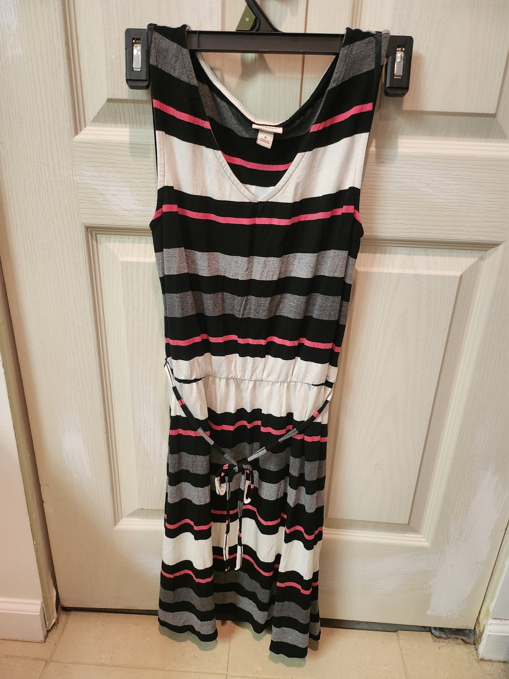 1020. EUC Striped Sleeveless Drawstring Mini Dress in Black, White & Pink